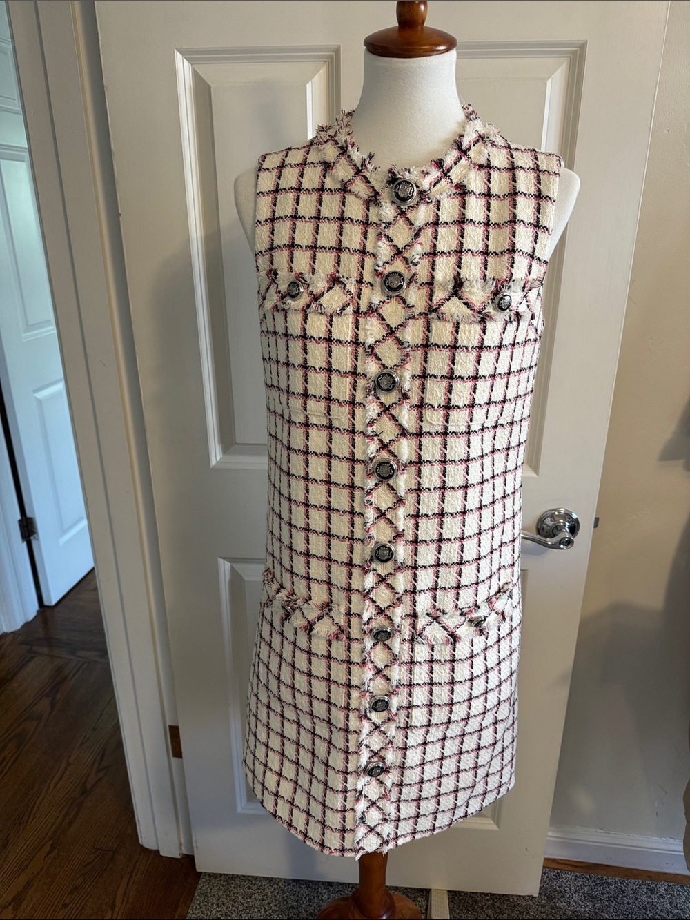 Veronica Beard Cream and Burgundy Tweed Shift Dress - excellent condition